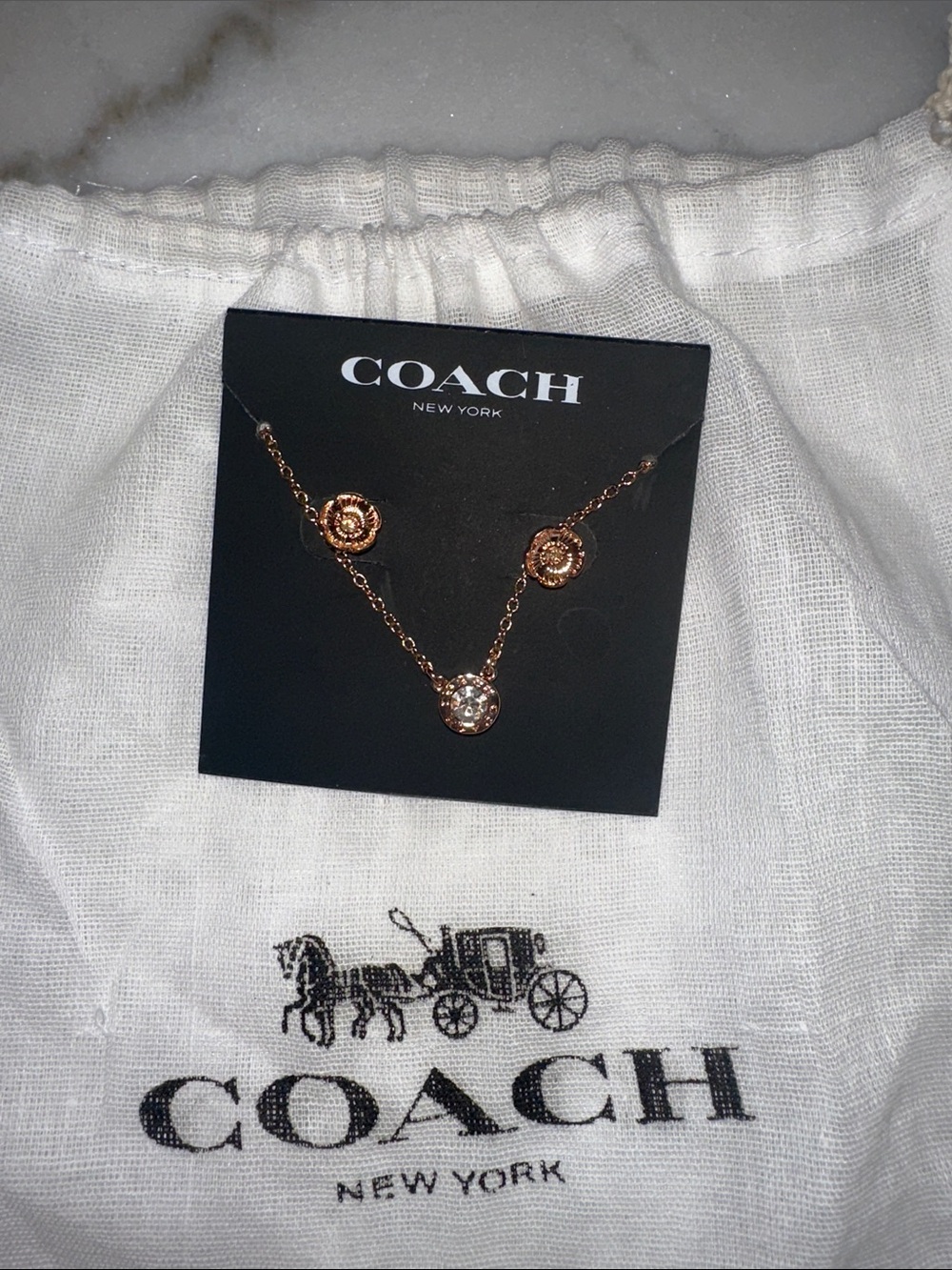 COACH Rose Gold Crystal Pendant Necklace with Matching Studs NWT